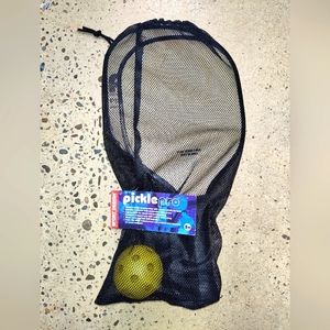 Pickle Ball set by Pickle Pro, 2rackets and one ball in a mesh storage bag.